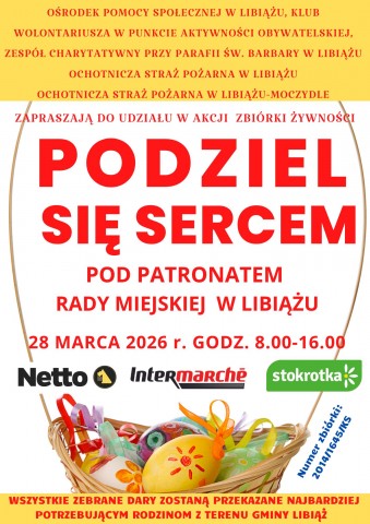Akcja dobroczynna pod patronatem Rady Miejskiej w Libiążu zostanie przeprowadzona przed zbliżającymi się Świętami Wielkanocnymi w sobotę 28.03.2026 r. w godz. 08:00-16:00 w libiąskich supermarketach „Stokrotka” ul. Słowackiego 4, „Intermarche” ul. Ro