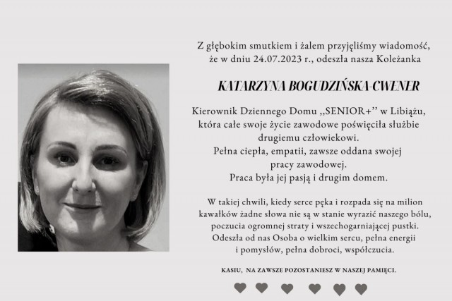 Informacja o śmierci Katarzyny Bogudzińskiej-Cwener