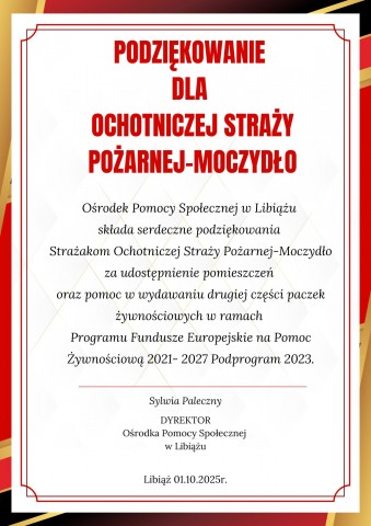 Podziękowania Strażakom Ochotniczej Straży Pożarnej-Moczydło
